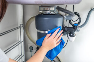Plumber Wiping Newly Installed Under Sink Garbage Disposal Device