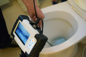 Plumber Running Flexible Borescope Camera Down Toilet for Sewer Inspection