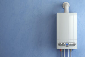 Gas Water Heater Installed on Blue Wall