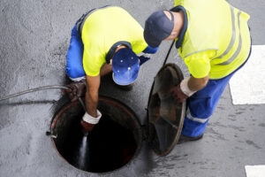 2 Professional Plumbers Standing by Open Manhole Cover Hydro Jetting Blocked Sewer with Flashlight and High Pressure Hose